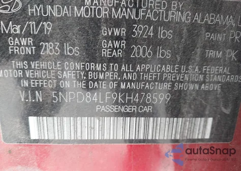 2019 Hyundai Elantra Sel из США, поврежденный, VIN 5NPD84LF9KH478599